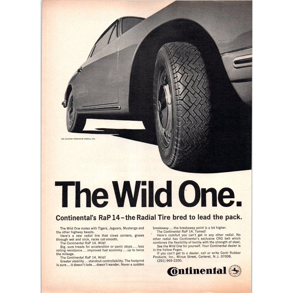 1967 Continental Tire RaP14 Radial Wild One Vintage Print Ad Porsche Wall Art